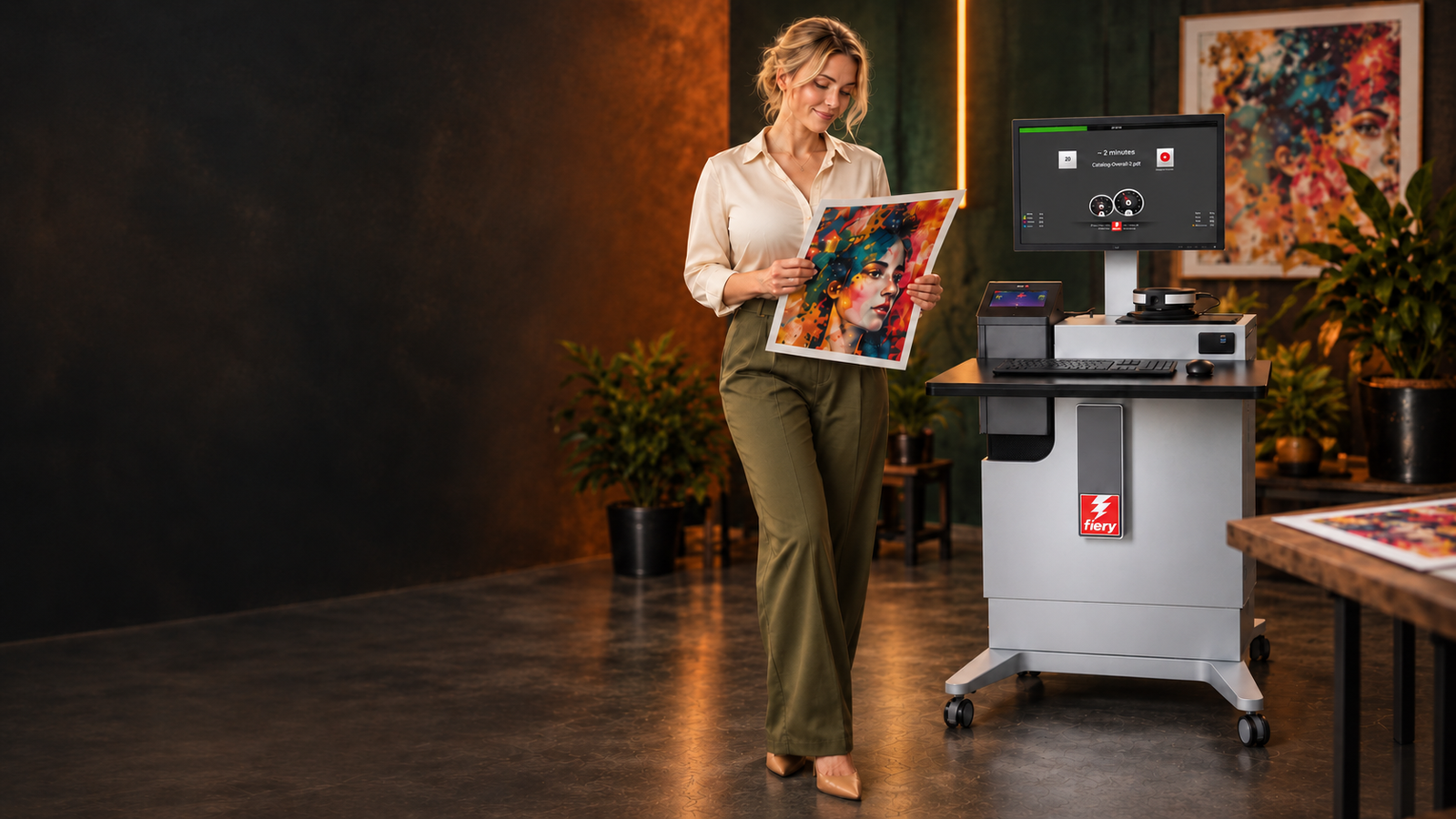 Print specialist displaying colorful art in an orange studio